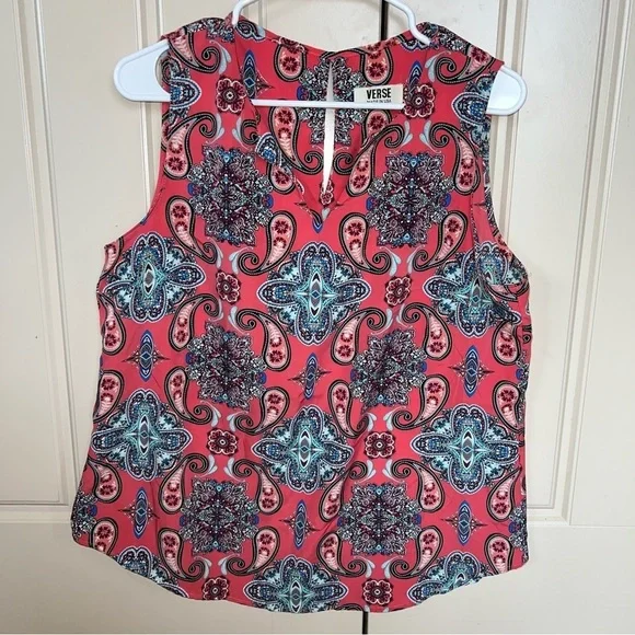 Verse Multicolor Coral Paisley Sleeveless Blouse Size Large Made in the U.S. - Picture 2 of 14